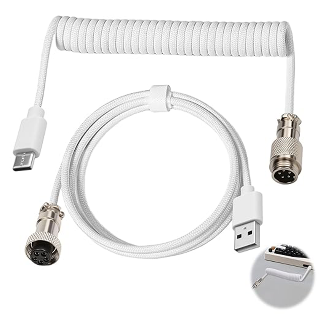 USB-A to USB-C Coiled Mechanical Keyboard Cable with Aviation Connector