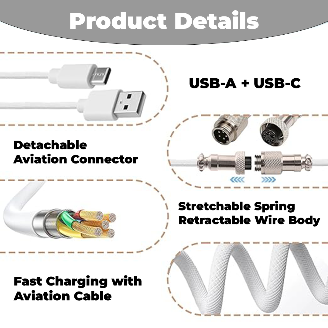 USB-A to USB-C Coiled Mechanical Keyboard Cable with Aviation Connector