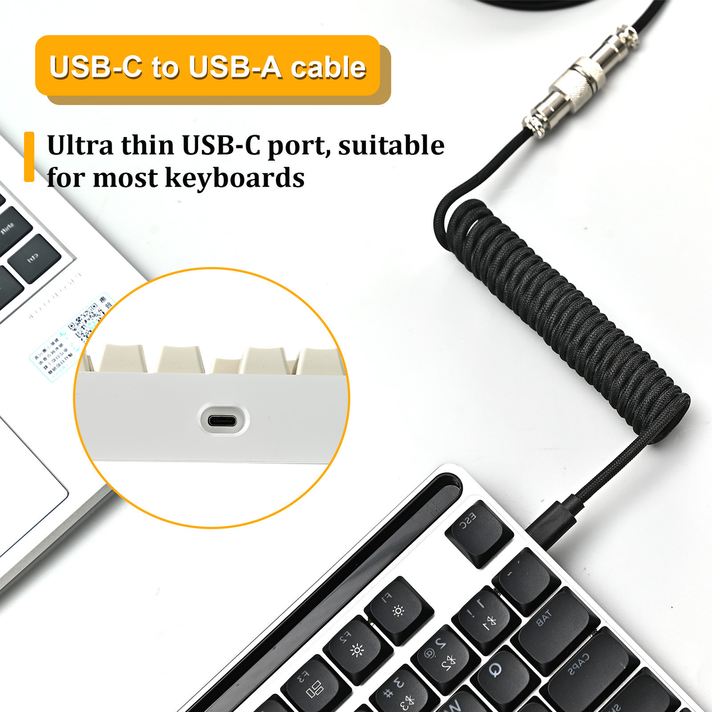 USB-A to USB-C Coiled Mechanical Keyboard Cable with Aviation Connector