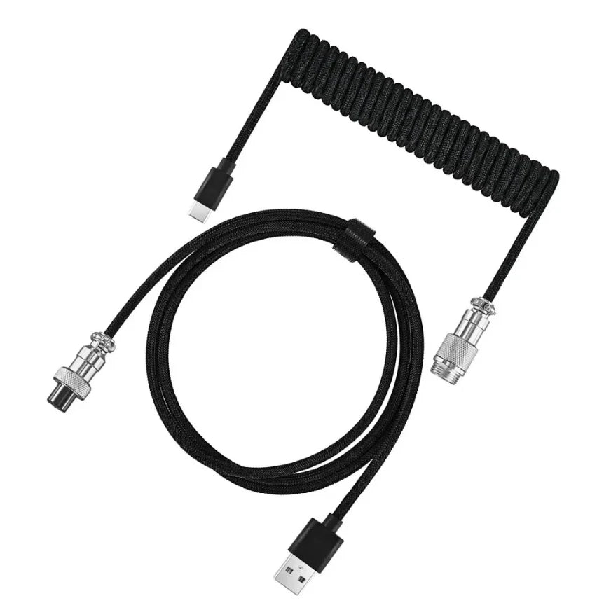 USB-A to USB-C Coiled Mechanical Keyboard Cable with Aviation Connector