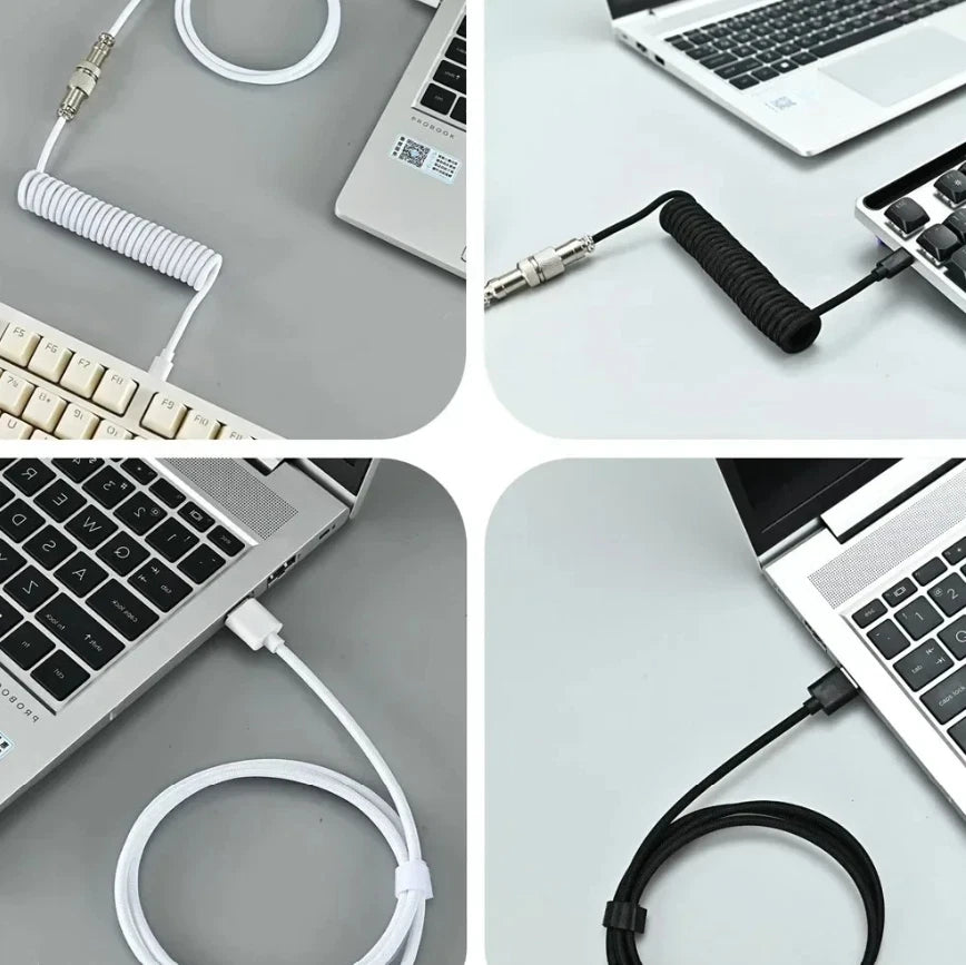 USB-A to USB-C Coiled Mechanical Keyboard Cable with Aviation Connector